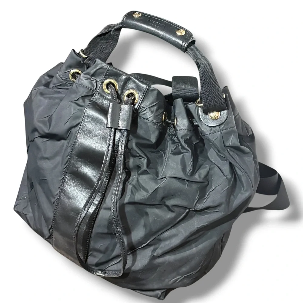 Kate Spade New York Black Nylon Leather Drawstring Bucket Backpack Bag PXRU2483